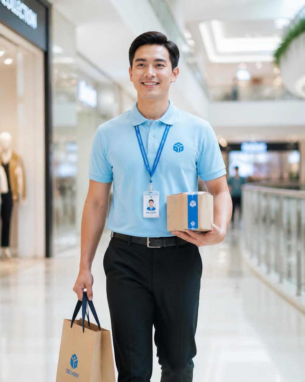Delivery Associate mengantar tas belanja dan tas makanan di koridor mall